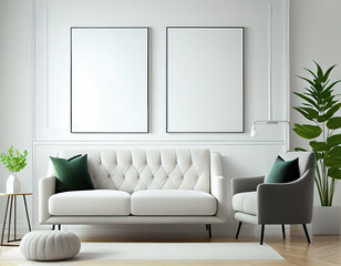 Folky illustration of blank picture frame mockup on gray wall. Modern scandinavian living room with sofa, min. concept. Two vertical templates for artwork or poster. Interior design, generative ai