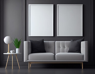 Folky illustration of blank picture frame mockup on gray wall. Modern scandinavian living room with sofa, min. concept. Two vertical templates for artwork or poster. Interior design, generative ai