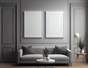 Folky illustration of blank picture frame mockup on gray wall. Modern scandinavian living room with sofa, min. concept. Two vertical templates for artwork or poster. Interior design, generative ai