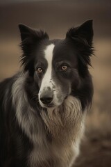 Black and White Dog in Field Portrait. AI Generated