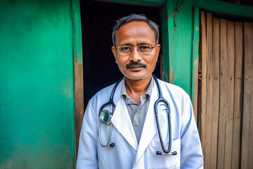 Portrait of a rural Indian Doctor in a poor village, high quality generative ai