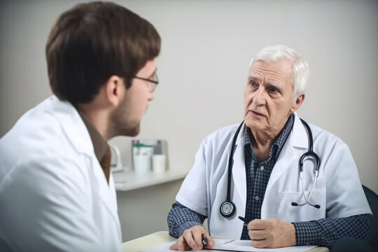 Older doctor lecturing a younger student doctor, high quality generative ai