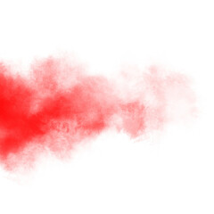 Red color powder explosion isolated on transparent background. Royalty high-quality free stock PNG image of Pink powder explosion. Colorful dust explode. Paint Holi, red dust particles splash