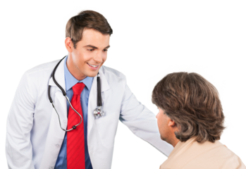 Young male doctor with patient isolated on white background