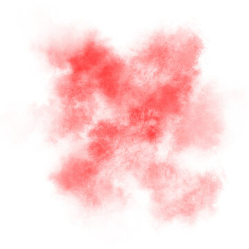 Red color powder explosion isolated on transparent background. Royalty high-quality free stock PNG image of Pink powder explosion. Colorful dust explode. Paint Holi, red dust particles splash