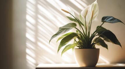 Peace lily flower pot indoors with natural sunlight from the window. Generative AI.