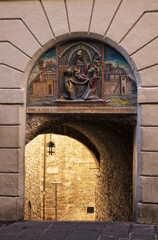 Italy, Umbria, Assisi. Wall Mural of the Birth of St. Francis.