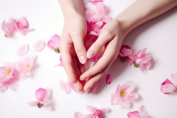 Fototapeta na wymiar Close-up of beautiful female hands with flowers. The concept of hand care anti-aging cream and spa. AI generated