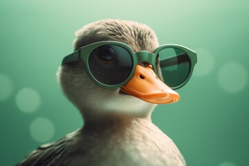 Funny cute duck in sunglasses with happy emotion. AI generated, human enhanced - obrazy, fototapety, plakaty