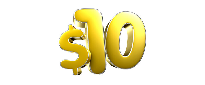 10 dollar figure gold 3D illustration. Advertising signs. Product design. Product sales.