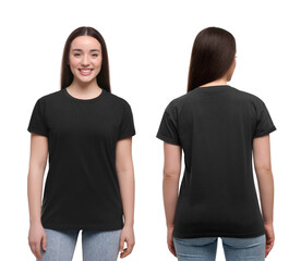 Woman wearing casual black t-shirt on white background, mockup for design. Collage with back and...
