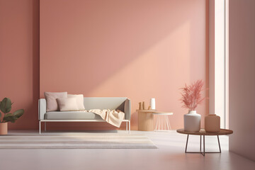 Fototapeta na wymiar Minimalistic composition of a living room with pink wall, natural lighting, grey sofa and wooden coffee table, generative, AI, Generative AI.