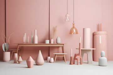 Pink interior room composition with ceramic and glass vases on wooden table, hanging glass pendant lights against pink walls, interior design, still life, generative, AI, Generative AI.