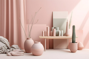 Interior of a modern room composition with curtains against pink wall, ceramic vases on wooden table, art frames, and cactus in a flower pot, still life, generative, AI, Generative AI.