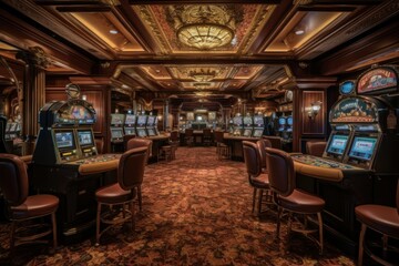 Fototapeta na wymiar Luxury casino interior with lots of slot machines. AI generated, human enhanced.