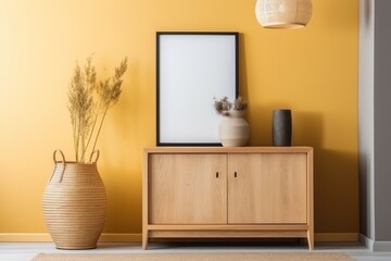 Mockup of a modern minimalist interior. Yellow tones. AI generated, human enhanced