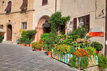 Fototapeta na wymiar Italy, Umbria. Very large flower display for sale at a shop in the hill town of Montefalco.