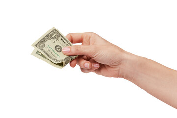 woman hand holding one dollar isolated on white background