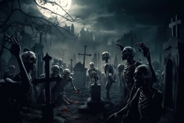 Obraz na płótnie Canvas Zombies Rising In Dark. Bones And Skulls Out Of A Cemetery. AI generated, human enhanced