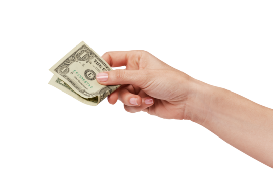 woman hand holding one dollar isolated on white background