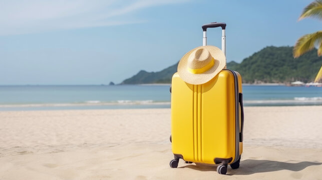 Yellow suitcase on the beach, travel concept Generative AI