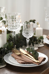 Stylish elegant table setting for festive dinner indoors