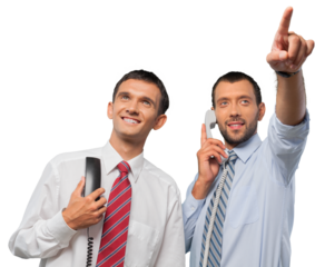 Portrait of Working Businessmen Holding Phones and Pointing