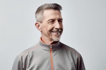 Portrait of smiling senior man in sportswear on grey background