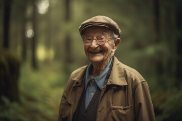 Obraz premium Portrait of happy senior man in the forest. Elderly people and nature concept.