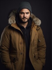 Naklejka na ściany i meble Group portrait photography of a satisfied man in his 30s wearing a warm parka against a minimalist or empty room background. Generative AI