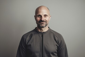 Obraz premium Portrait of a bald man in a sweatshirt on a gray background