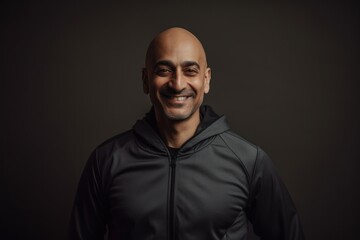 Obraz premium Portrait of a smiling bald man in a black jacket on a dark background
