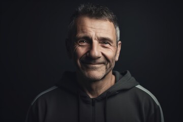Portrait of a smiling mature man in a black hoodie.