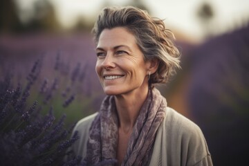 Lifestyle portrait photography of a cheerful woman in her 40s wearing a chic cardigan against a lavender field or flower farm background. Generative AI
