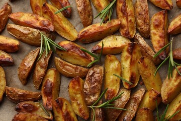 Tasty baked potato and aromatic rosemary on parchment paper, flat lay