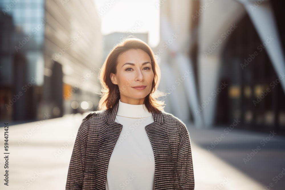 Poster Portrait of a beautiful business woman in the city. Looking at camera.