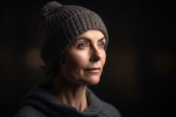 Portrait of a beautiful middle-aged woman in a knitted hat on a dark background