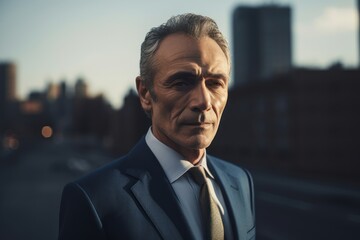 Environmental portrait photography of a satisfied man in his 50s wearing a sleek suit against a cityscape background. Generative AI