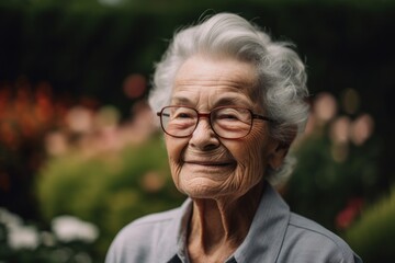 Portrait of a smiling senior woman with glasses in the garden.