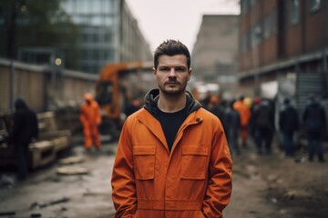 Naklejka premium Portrait of a young man in an orange jumpsuit on a construction site