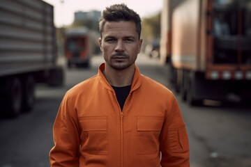 Fototapeta na wymiar Portrait of a man in an orange jacket on the background of the car.