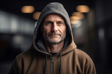 Naklejka na ściany i meble Lifestyle portrait photography of a grinning man in his 40s wearing a stylish hoodie against a construction site or work zone background. Generative AI