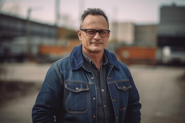 Portrait of a handsome middle-aged man in jeans jacket and glasses.