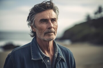 Fototapeta na wymiar Environmental portrait photography of a tender man in his 50s wearing a denim jacket against an island or beach paradise background. Generative AI