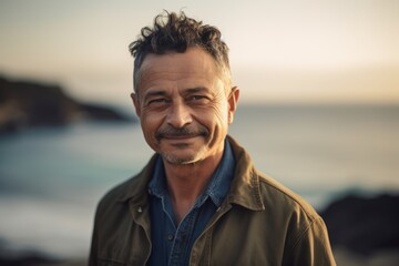 Portrait of smiling mature man standing at the beach during sunset.