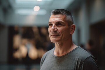Fototapeta premium Portrait of mature man looking at camera in art gallery, indoors