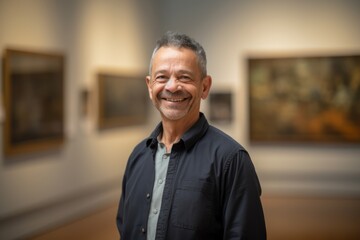 Portrait of a smiling senior man looking at the camera in an art museum