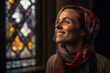 Environmental portrait photography of a grinning woman in her 30s wearing a foulard against a stained glass or cathedral background. Generative AI