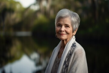 Fototapeta premium Portrait of a smiling senior woman standing by the lake in the park