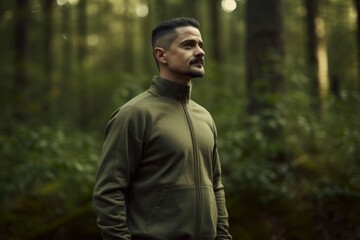 Portrait of a handsome man in a green jacket in the forest